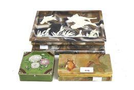 Assorted lidded boxes. One American hardstone with bird detailing, H8cm x D19cm x W25cm.