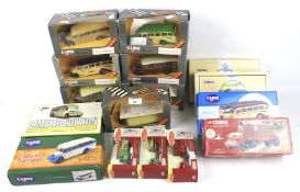 A collection of thirteen assorted Corgi die cast model buses and commercial vehicles.