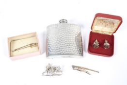 Two hunting brooches, a horse brooch, a 4oz pewter hip flask and cufflinks.