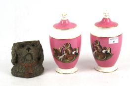 A pair of Coalport Prattware 'Group of Dogs' limited edition lidded pots and a pot modelled as a