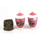 A pair of Coalport Prattware 'Group of Dogs' limited edition lidded pots and a pot modelled as a