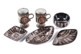 A collection of Hastings Studio Pottery dishes and a bowl and two Briglin studio pottery footed