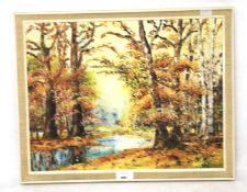 A oil painting on board of a woodland scene. Signed FACER 43cm x 33xm framed.
