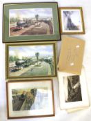 Four framed railway prints together with a quantity of etchings.