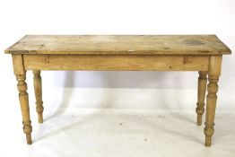 Victorian pine scrub top side table. Boarded top on turned legs, H73cm x D55cm x L153cm.