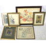 Six prints. All in frame showing mainly floral scenes, etc.