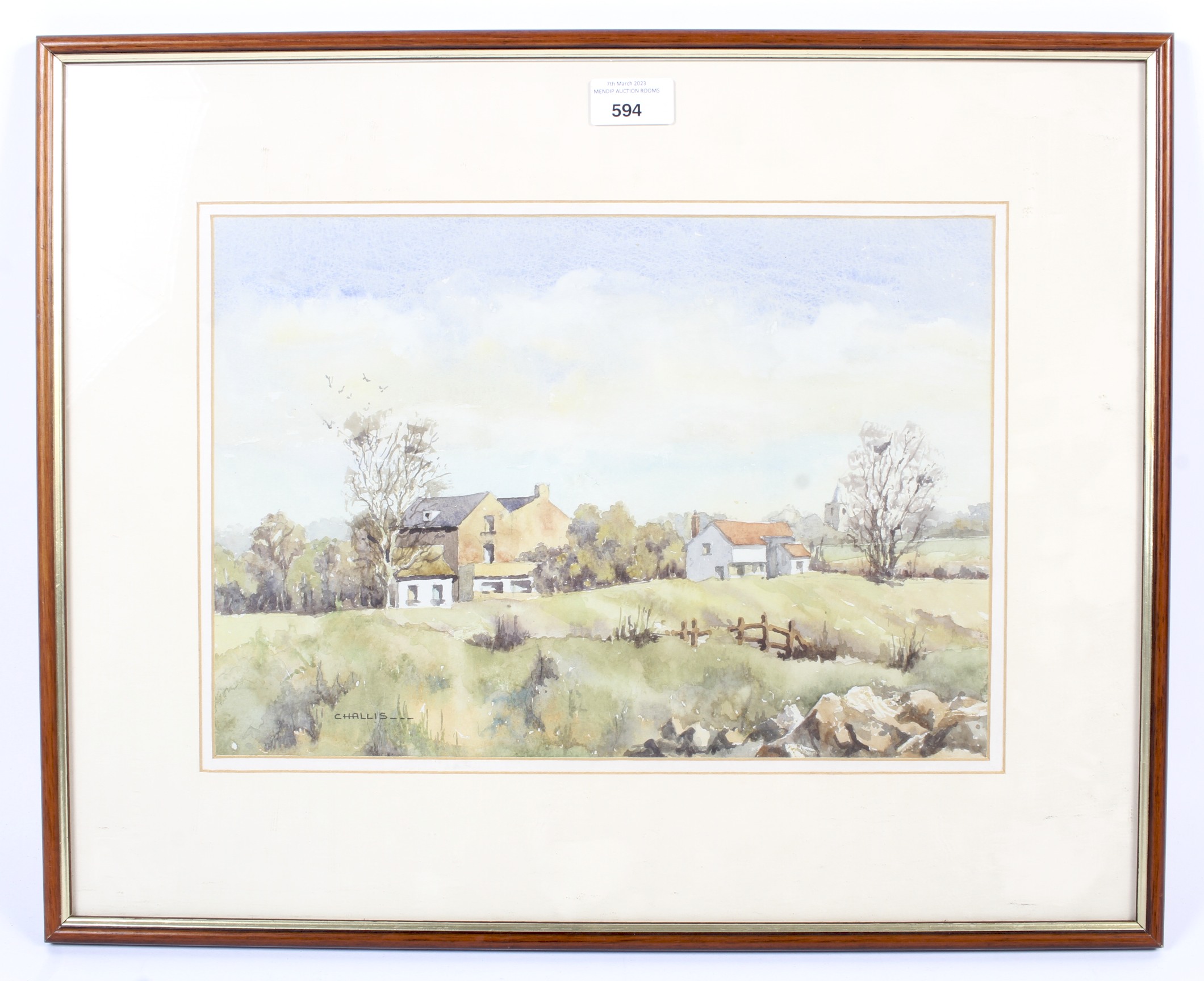 Eric Challis (20th/21st Century), watercolour of Stambridge Hall in a rural landscape.