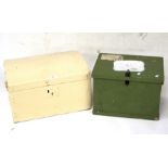 Two wooden boxes. One white with domed lid, and one green and square, H32cm x W44cm x D33cm.