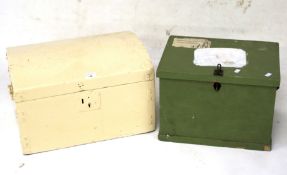 Two wooden boxes. One white with domed lid, and one green and square, H32cm x W44cm x D33cm.