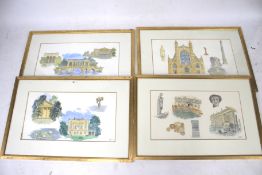 Four pictures in frames. All showing buildings in Roman style, signed H Elliott, H68cm x W102cm.