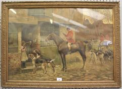 Hunting print. Showing horses and hounds in frame, H64cm x W90cm.