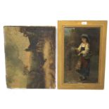 Two glazed prints. One framed showing lady picking sloes, one unframed showing house scene.