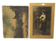 Two glazed prints. One framed showing lady picking sloes, one unframed showing house scene.