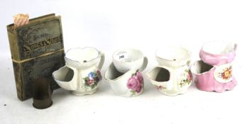 Shaving mugs, trench art and book stamps. Four floral mugs, trench art dated 1943 etc.