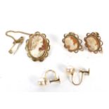 A pair of 9ct gold framed cameo earrings, a brooch, and a pair of 9ct gold pearl earrings. 8.