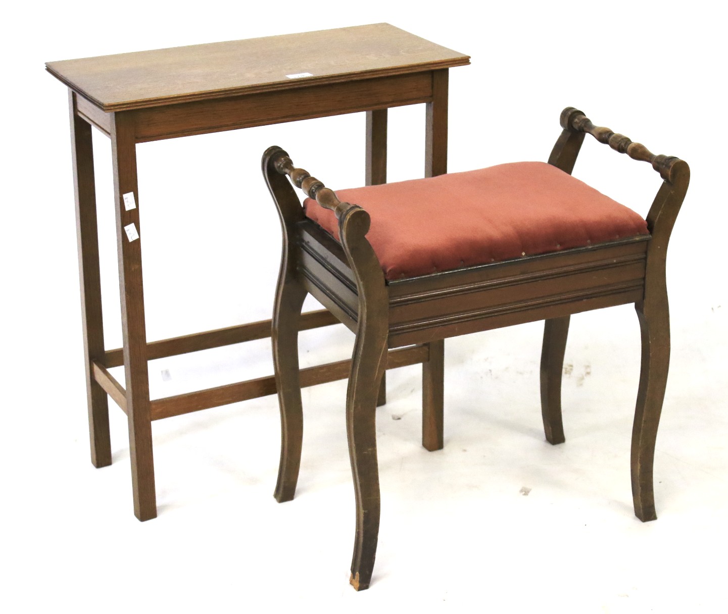 Piano stool and side table. Stool with turned handles on tapering legs, H60cm x W50cm.