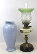 A Victorian oil lamp. Brass base with glass top measuring H63cm, plus blue vase H40cm.