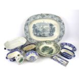 An assortment of 19th century blue and white ceramics.