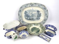 An assortment of 19th century blue and white ceramics.