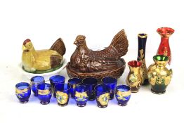 Assorted ceramics and glass. Noting two ceramic chicken dishes including Portmeirion.