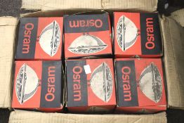 A box of six new old stock Osram car headlights. Sealed beam headlights 12v 60/45w R.H.
