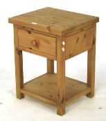 Pine bedside table. Comprising drawer and shelf with clean finish, H63cm x D42cm x W49cm.