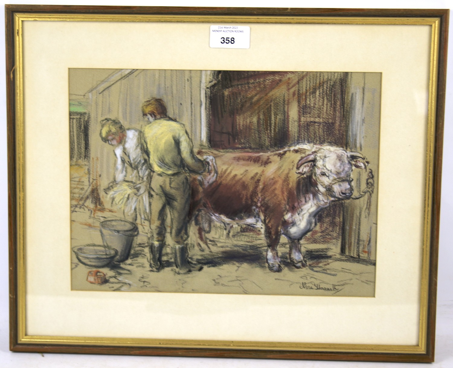 Nora Howasth print of a bull being groomed H34cm x W42cm.