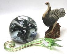 Large glass paperweight, lizard and ostrich figure.