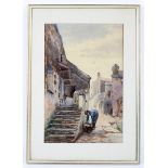 ME Cawardine (19th Century), a watercolour of a fisherman and his wife, amongst buildings.
