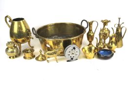 An assortment of 19th century and later brassware. Including a preserve pot, inkwell, jugs, etc.