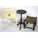 A mahogany wine table, stool and a bedside cabinet.