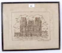 A vintage print on linen depicting Wells Cathedral 37cm x 27.5cm.