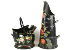 Two pieces of vintage painted bargeware. Two different types of coal metal coal skuttle.
