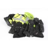 Four pairs of assorted motorcycle gloves and Hi Vis vests. Including Alpinestars, Weise, etc.