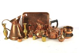 An assortment of 19th century and later copper. Including jugs, twin handled tray, kettle, etc.