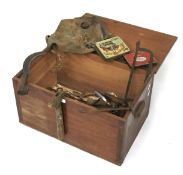 A vintage wooden tool box and contents.