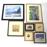 A group of framed watercolours and prints.