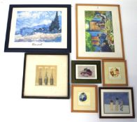 A group of framed watercolours and prints.