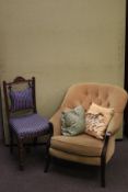 Two chairs. Including a mahogany framed button back armchair H75cm and an upholstered bedroom chair.