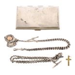 An assortment of metal collectables. To include a cigarette case and two Albert chains.