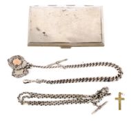 An assortment of metal collectables. To include a cigarette case and two Albert chains.