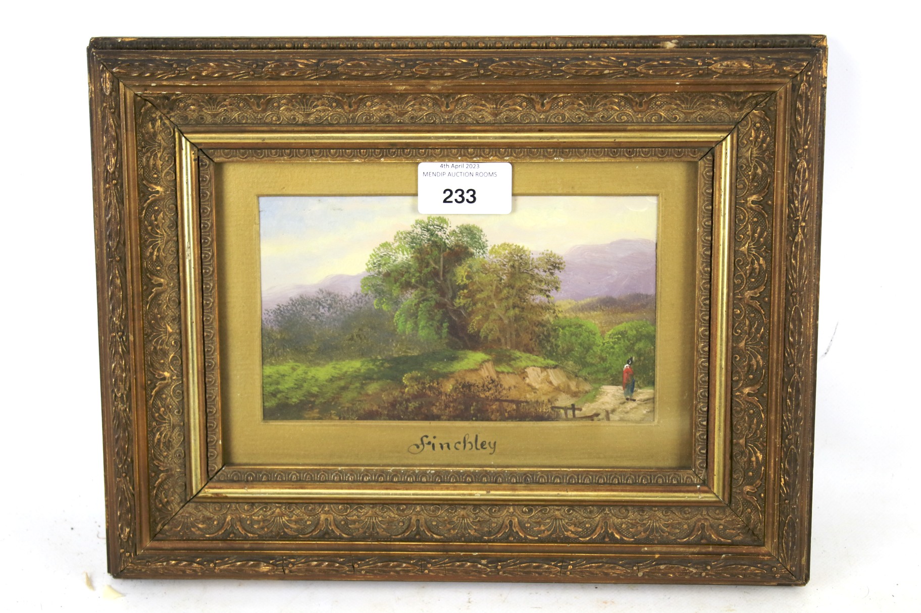 A framed oil on board titled 'Finchley'. Unsigned, 16.5cm x 9.