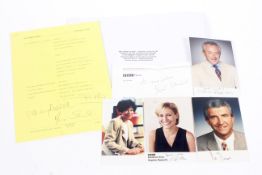 BBC news script and signed photographs. The script signed by Moira Stuart.