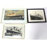 Three framed and glazed prints of ocean steam liners. Including 'Queen Elizabeth' and 'Queen Mary'.