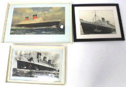 Three framed and glazed prints of ocean steam liners. Including 'Queen Elizabeth' and 'Queen Mary'.