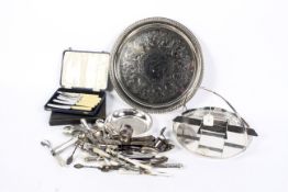 Assorted silver plate and white metal. Including a tray, cutlery and boxed items, etc.