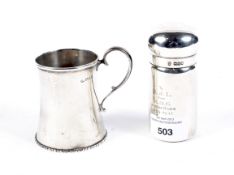 A silver christening mug and a silver shaving brush holder and brush.