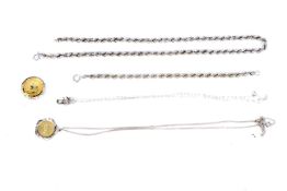 An assortment of silver and white metal necklaces.