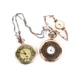 An assortment of pocket watches and a wristwatch.