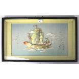 A framed three-dimensional mother of pearl picture of a boat.